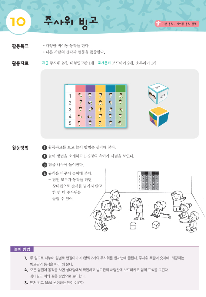 주사위 빙고의 활동 목표, 활동 자료, 활동 방법, 놀이 방법 내용